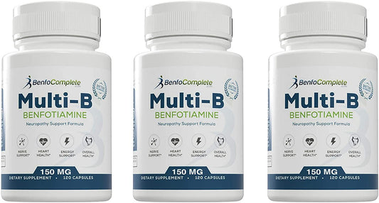 BenfoComplete Benfotiamine Multi-B pack front shows three bottles for neuropathy support.
