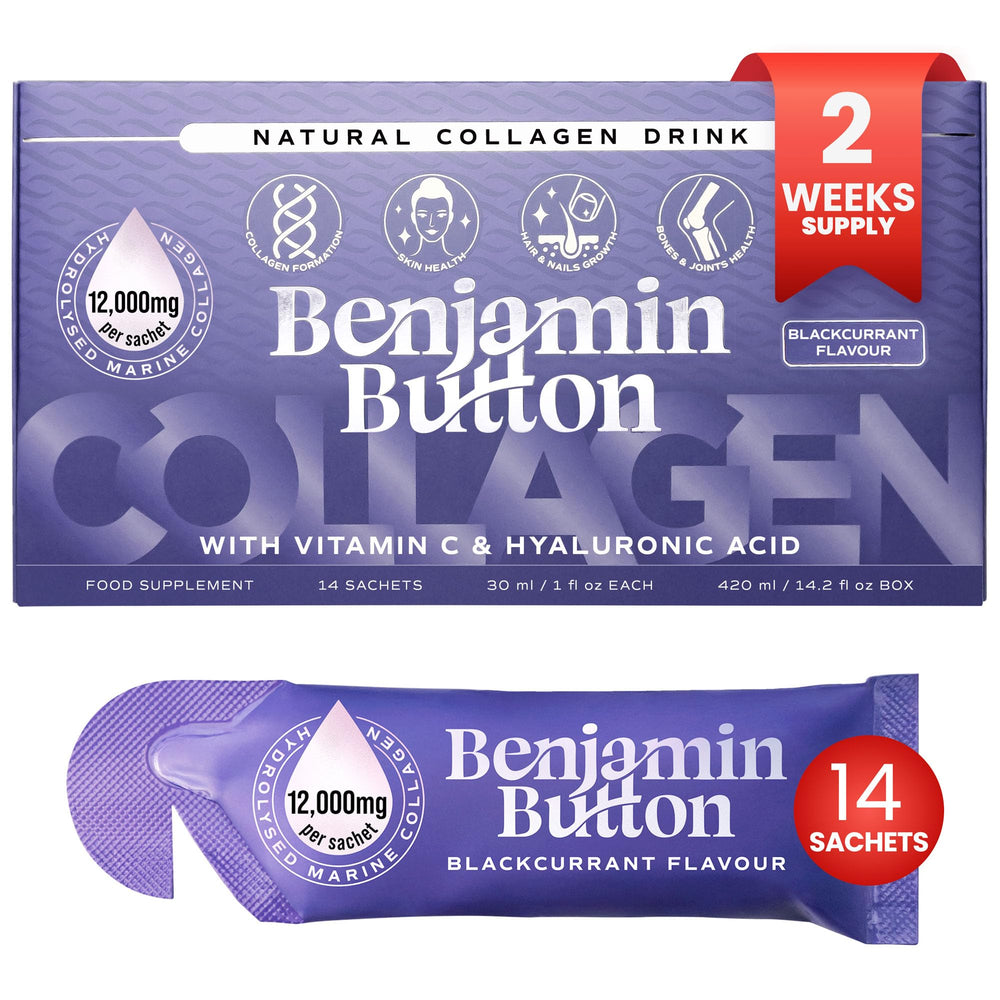 Benjamin Button 12,000mg marine collagen liquid shot bottle for daily collagen support