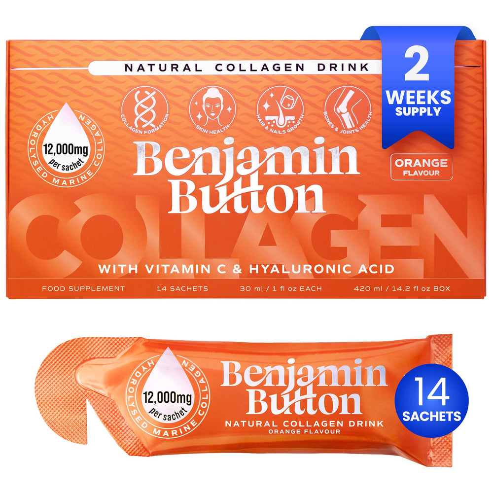 Benjamin Button 12,000mg marine collagen liquid shot in orange flavor for daily beauty support