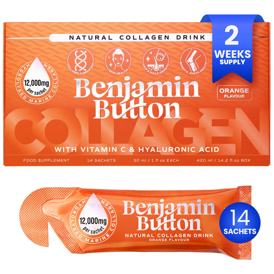 Benjamin Button 12,000mg marine collagen liquid shot in orange flavor for daily beauty support
