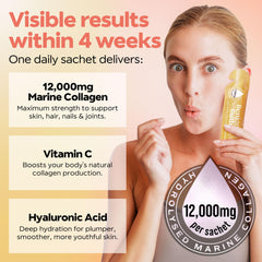 Benjamin Button hyaluronic acid and vitamin C formula highlights skin and hair benefits.