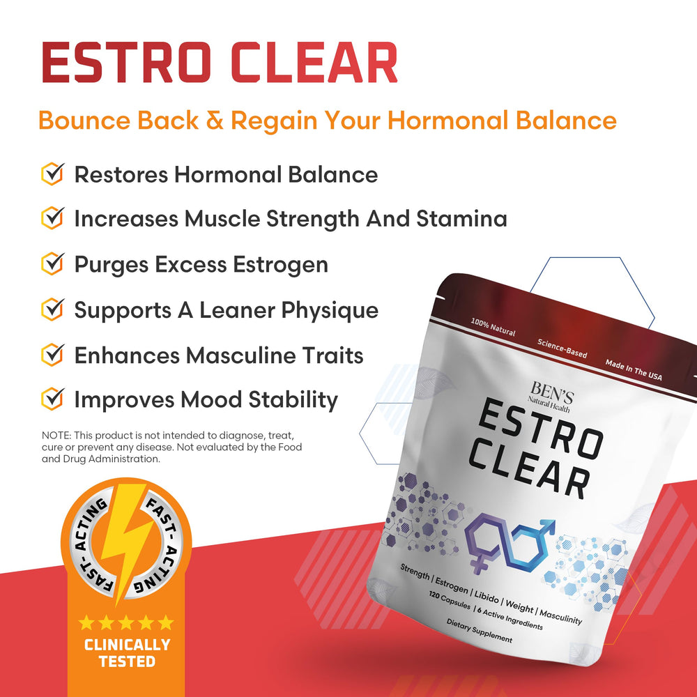 Estro Clear capsules closeup, showcasing plant-based ingredients for daily vitality.