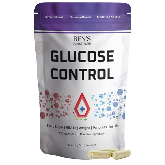 Ben's Natural Health Glucose Control bottle on a kitchen counter for daily metabolic support