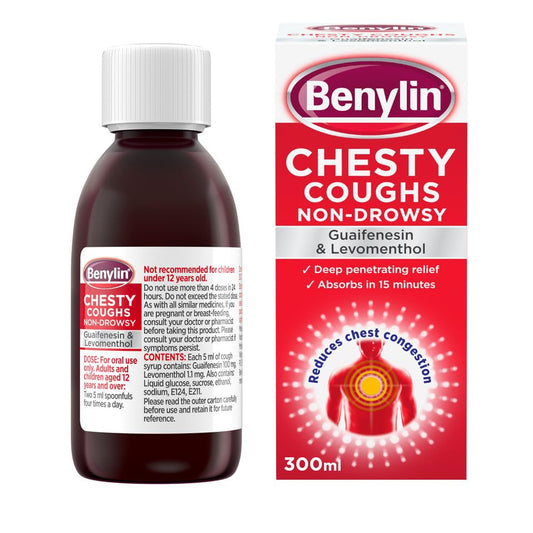 Benylin Chesty Cough syrup bottle close up for easy breathing support.