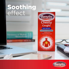 Benylin Chesty Cough side view bottle on shelf.