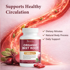 Beravia Beet Root capsules resting beside a glass for daily routine
