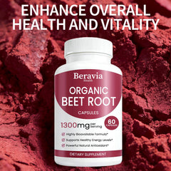 Beravia Health beet root capsules ingredients on label highlighting 1300mg per serving