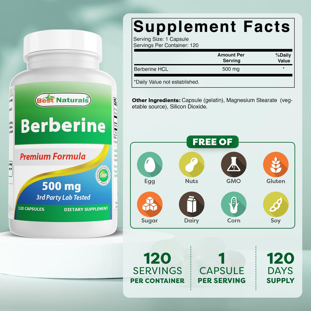 Berberine capsules 120-count close-up highlighting 500mg dose.