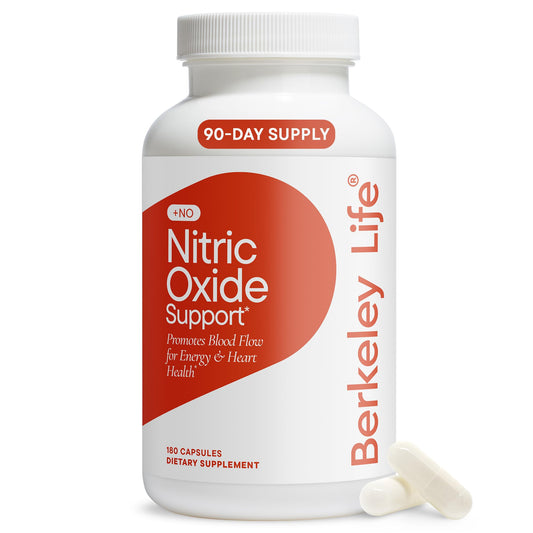 Berkeley Life Nitric Oxide supplement bottle ready for daily blood flow support.