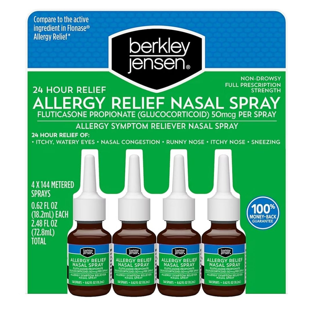 Berkley Jensen 24-hour allergy relief nasal spray bottle ready for daily use