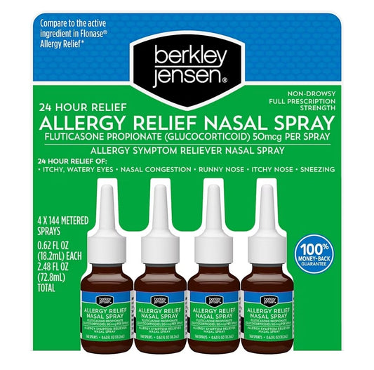 Berkley Jensen 24-hour allergy relief nasal spray bottle ready for daily use