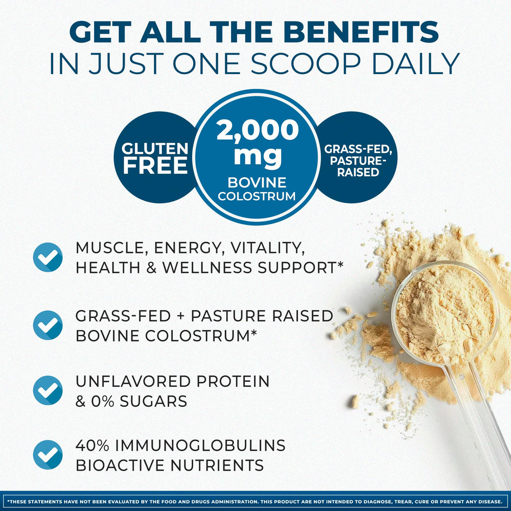 Berry Gen Colostrum Max powder scoop shown for gut health.
