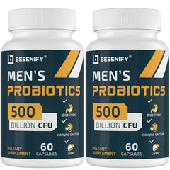Besenify Probiotics for Men bottle with 60 capsules for gut health on the go.