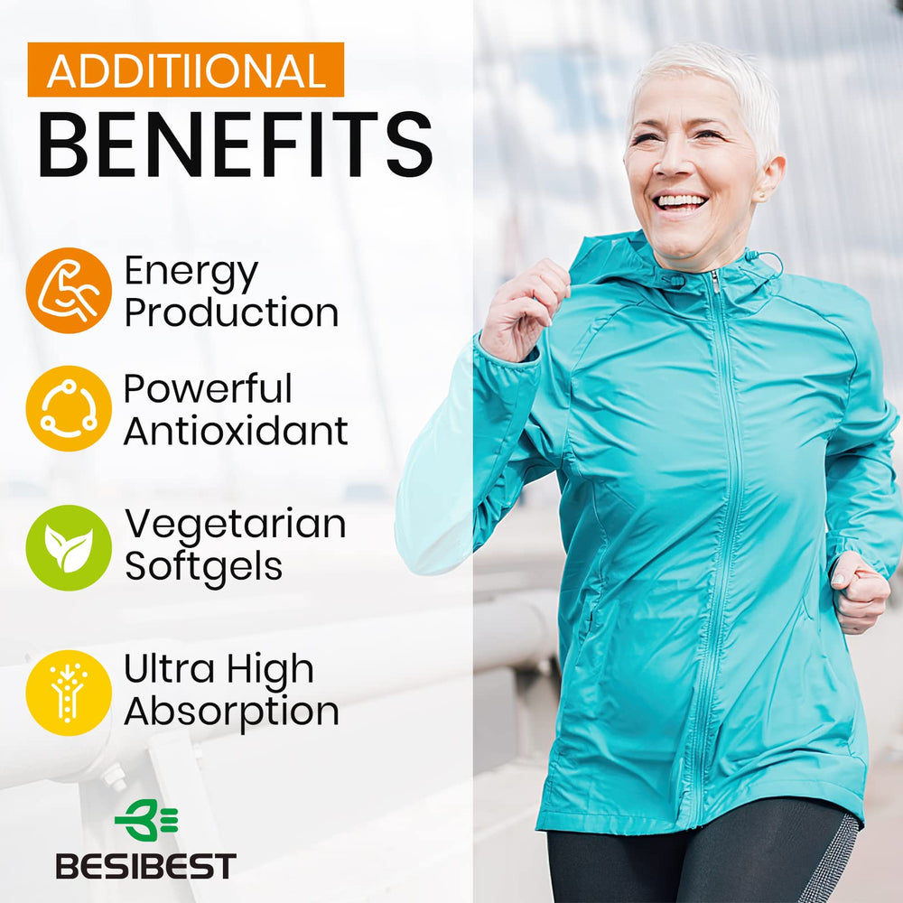 Besibest 1000mg ubiquinol bottle on desk with energy-themed background.