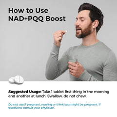 Front of NADPQQ Boost bottle with serving size and branding details.