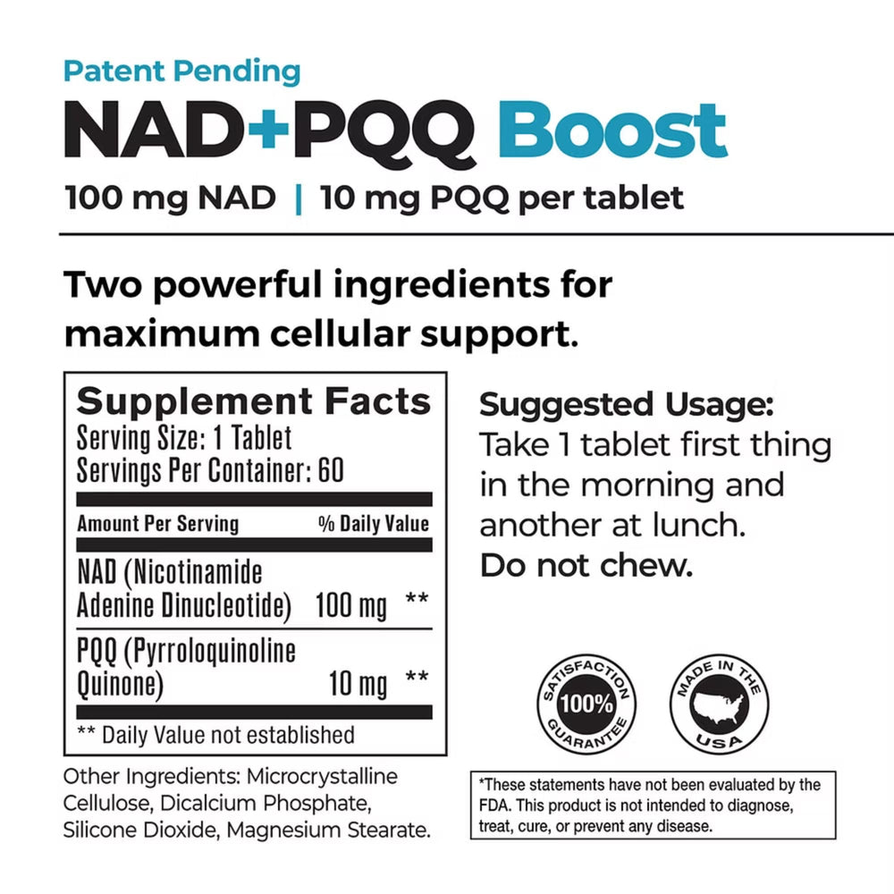 Close-up of NADPQQ Boost tablets highlighting easy-to-swallow design for daily use.