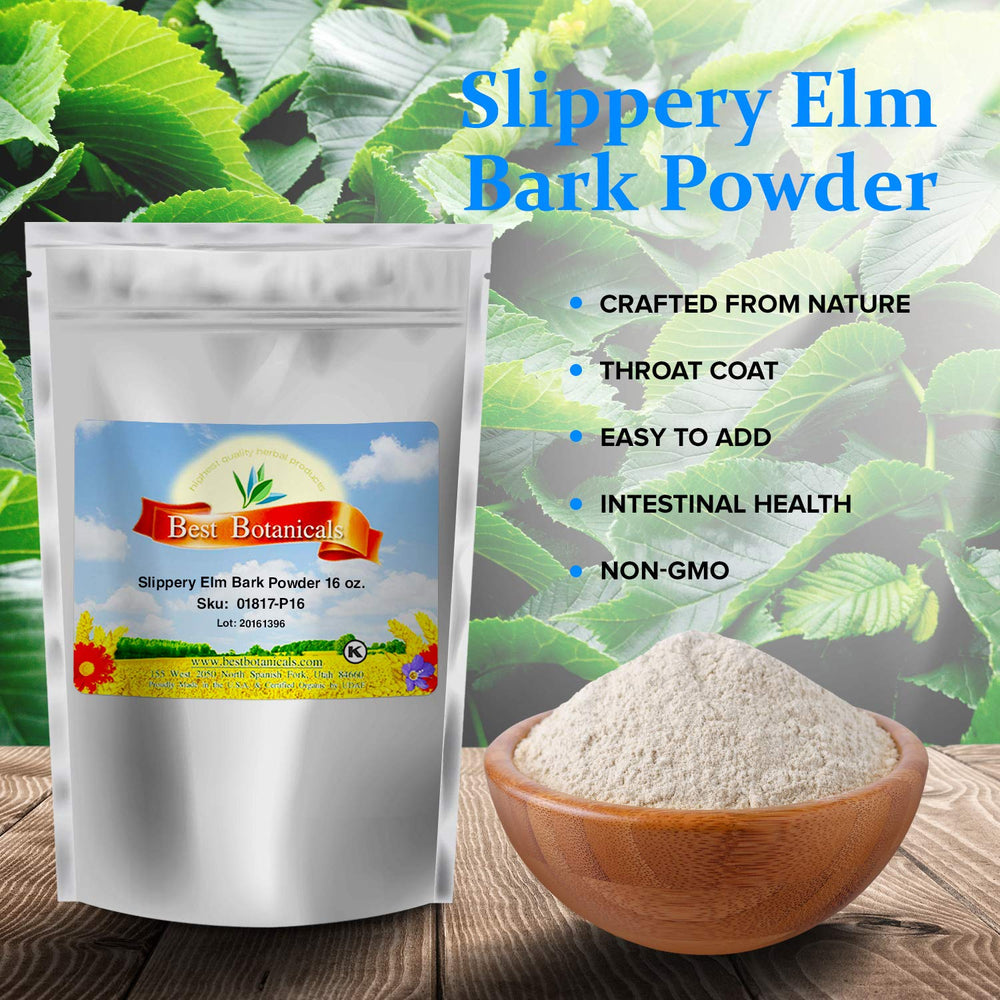 Best Botanicals slippery elm powder in a scoop shows fine texture for shakes and tea.