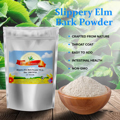 Best Botanicals slippery elm powder in a scoop shows fine texture for shakes and tea.