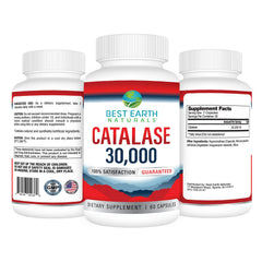 Best Earth Naturals catalase 30,000 capsules label showing potency and usage tips