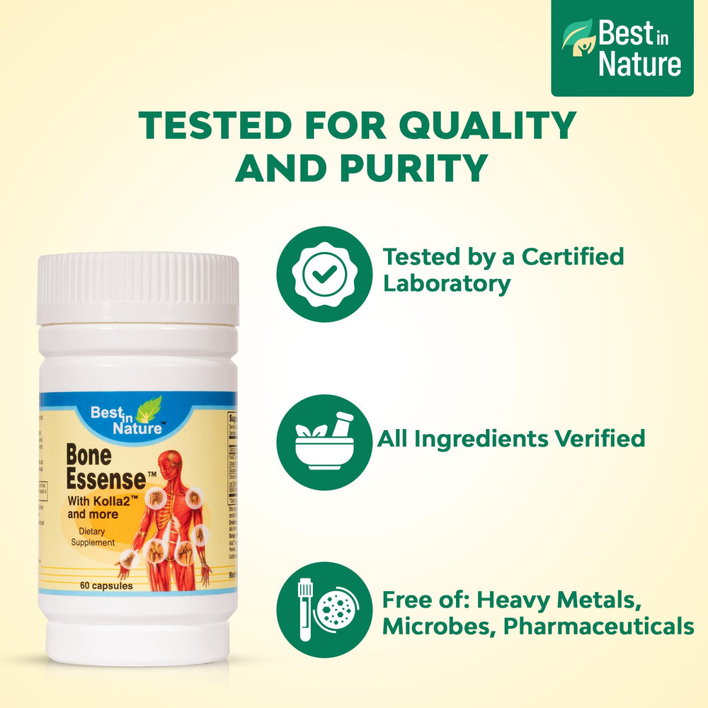 Best in Nature Bone Essense close-up of Kolla2 label, signaling collagen-based support for joints.