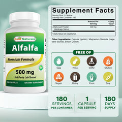 Best Naturals Alfalfa Green Super Food capsules closeup highlighting 500 mg per capsule.