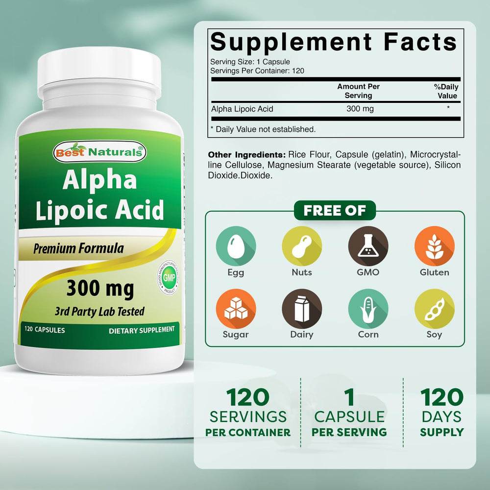 Close-up of Best Naturals 300 mg alpha lipoic acid capsules for daily use