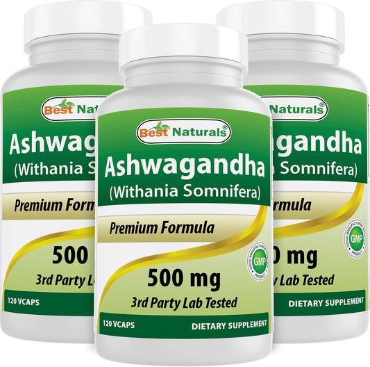 Best Naturals Ashwagandha 500mg bottle front, premium herbal supplement for daily balance.