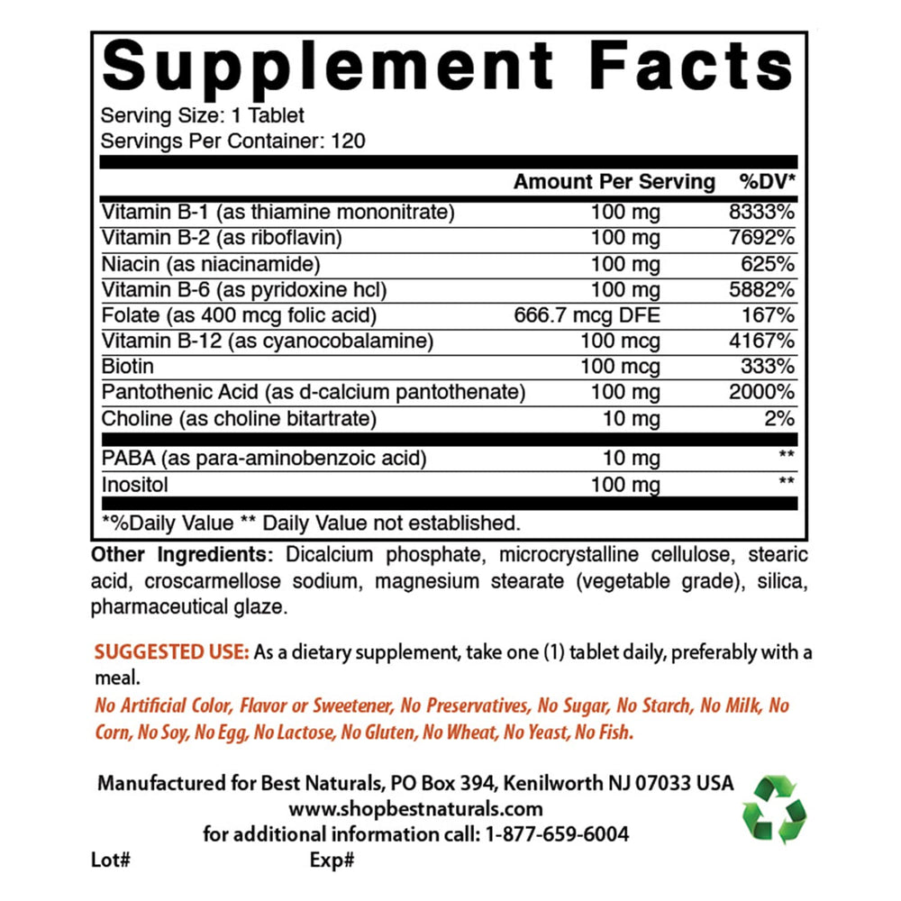 Close-up of Best Naturals B-100 Complex label showing clear ingredients for daily energy support