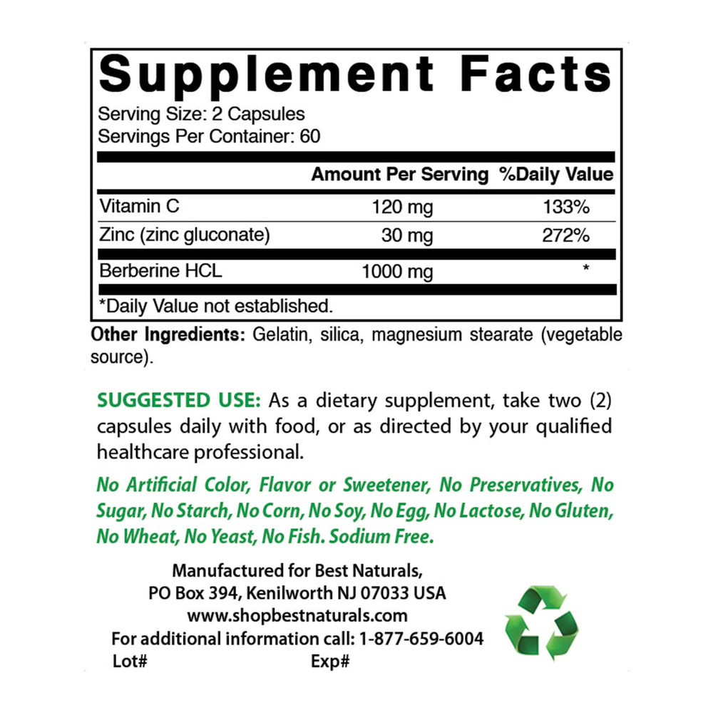 Best Naturals Berberine Plus label close-up highlighting purity and ingredients.