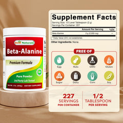 Best Naturals Beta Alanine powder label close-up emphasizing purity and ingredients.