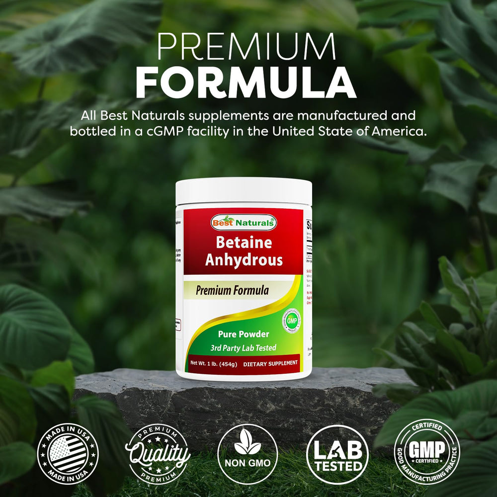 Best Naturals Betaine Anhydrous powder packaged in USA, in a GMP-compliant facility.