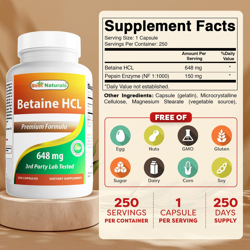 Close-up of Best Naturals Betaine HCl label highlighting gluten-free and non-GMO attributes.