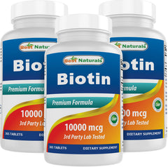 Best Naturals Biotin bottle front showing high-potency 10,000 mcg tablets for daily use.