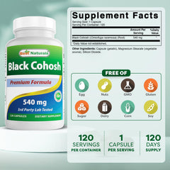 Best Naturals Black Cohosh 540 mg bottle side view, convenient daily dosage.