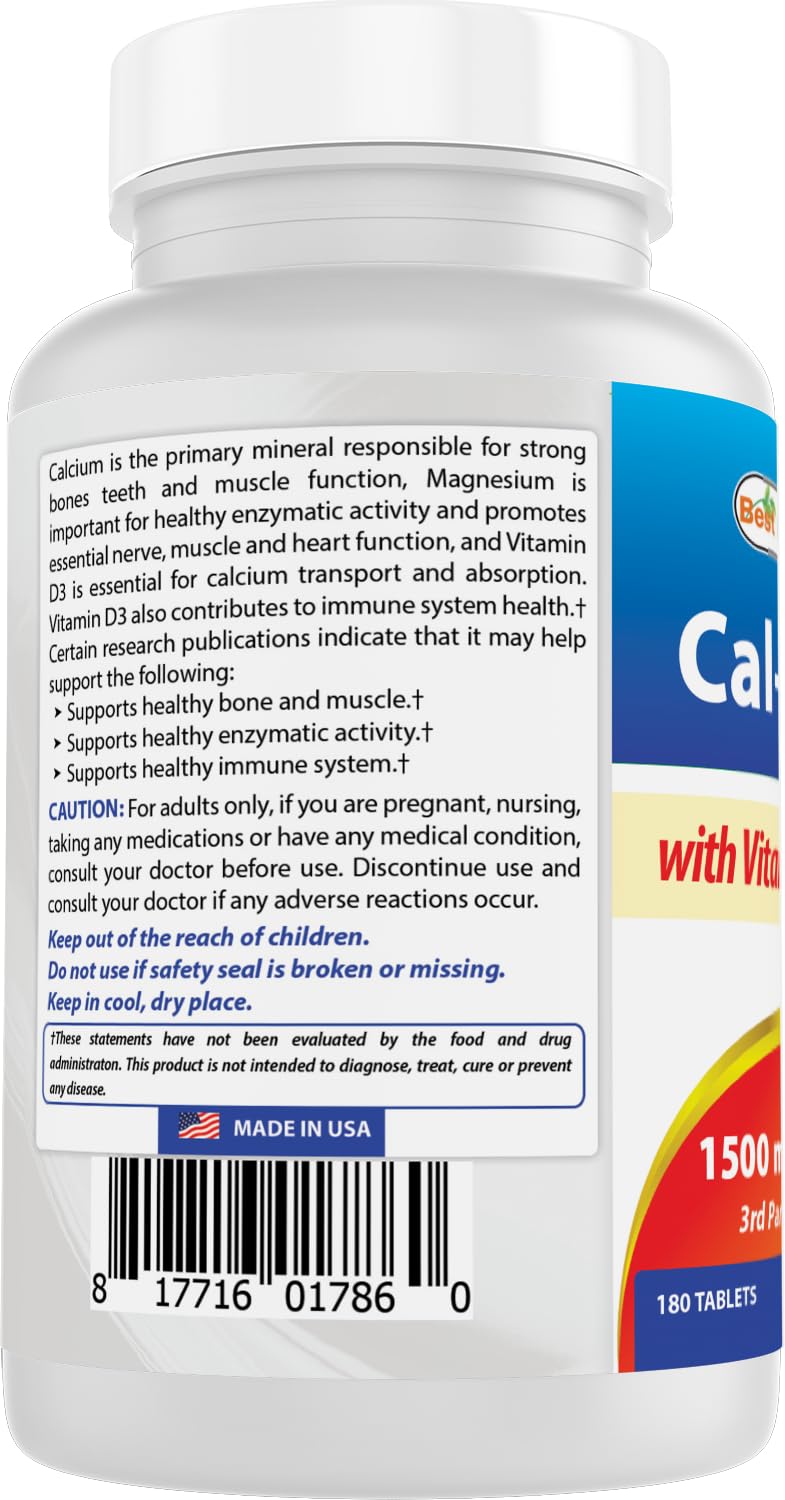 Best Naturals calcium magnesium vitamin D3 product display emphasizes quality manufacturing and safety.
