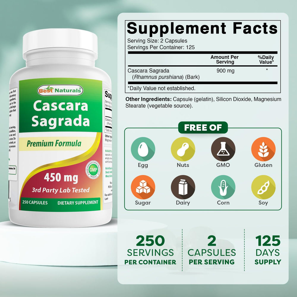 Close-up of the 250-count Best Naturals Cascara Sagrada capsules.