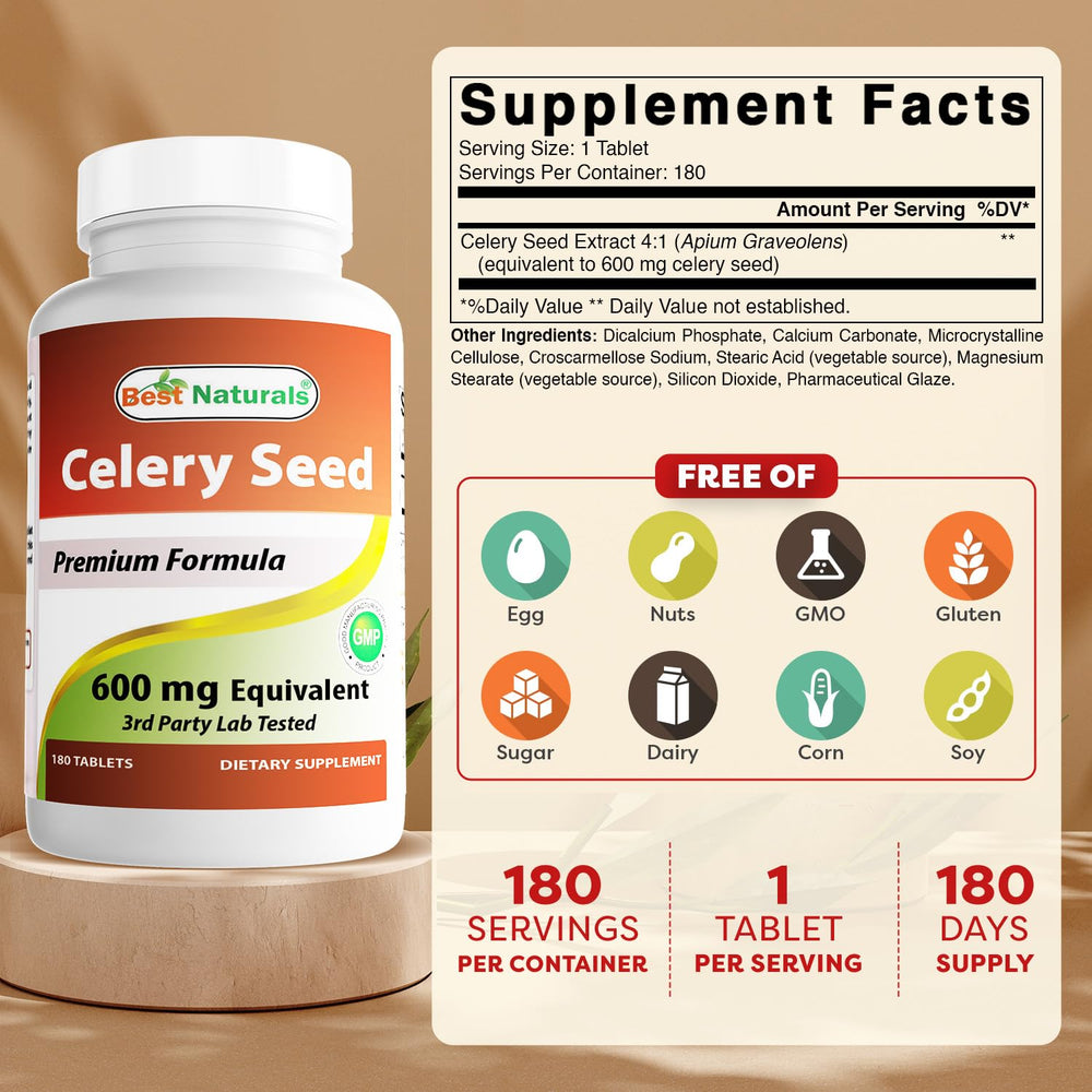 Close-up of Best Naturals celery seed tablets showing 600 mg dosage.