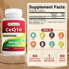 Best Naturals CoQ10 600 mg bottle back label with purity details.