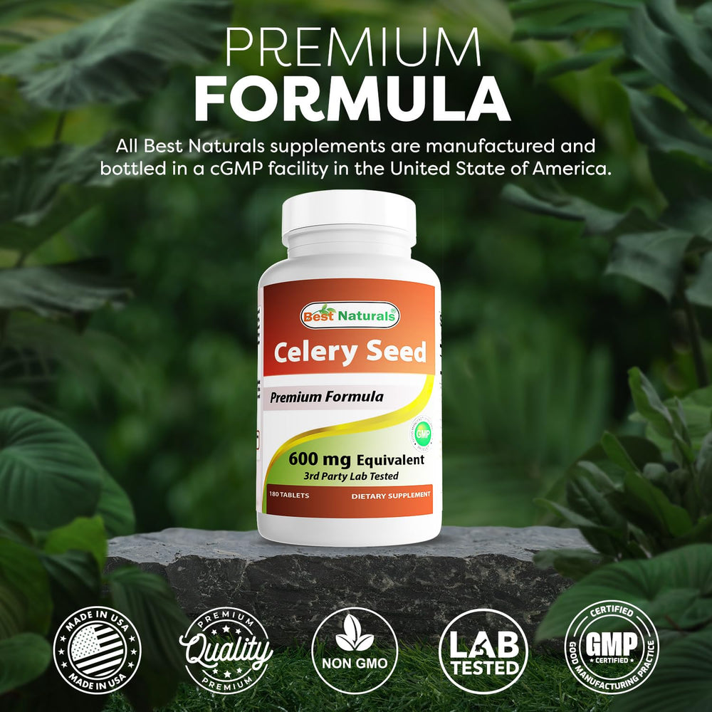Gluten-free and non-GMO label on Best Naturals Celery Seed bottle.