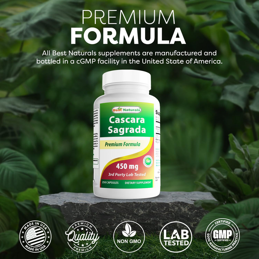 Gluten-free and Non-GMO labeling on Best Naturals Cascara Sagrada.