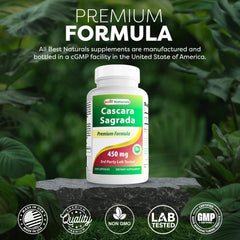 Gluten-free and Non-GMO labeling on Best Naturals Cascara Sagrada.