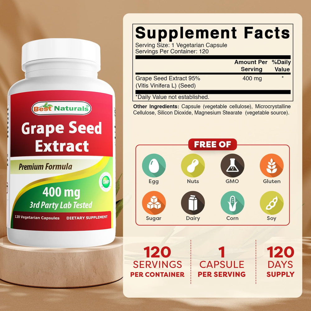 Best Naturals Grapeseed Extract capsules close-up for convenient daily antioxidant support.