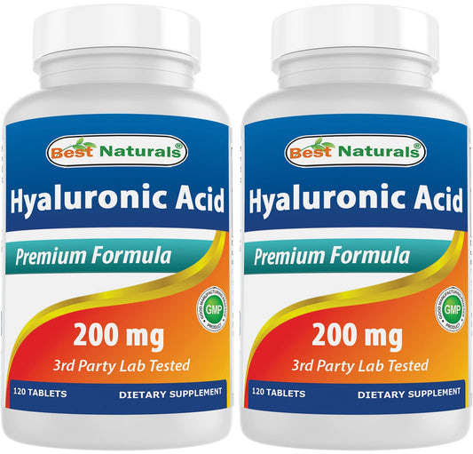 Best Naturals Hyaluronic Acid bottle front shows 200 mg potency for skin and joints.