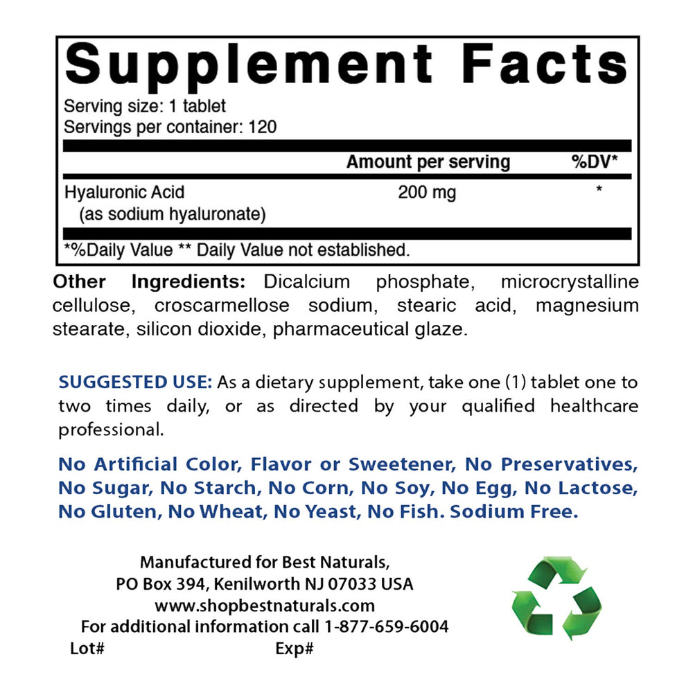 Closeup of Best Naturals Hyaluronic Acid tablets shows 200 mg per tablet for daily use.