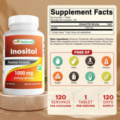 Close-up of Best Naturals Inositol 1000 mg tablets shows compact pills.