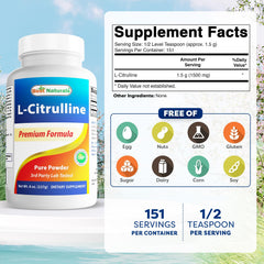 Close-up of Best Naturals L-Citrulline Powder label highlighting purity