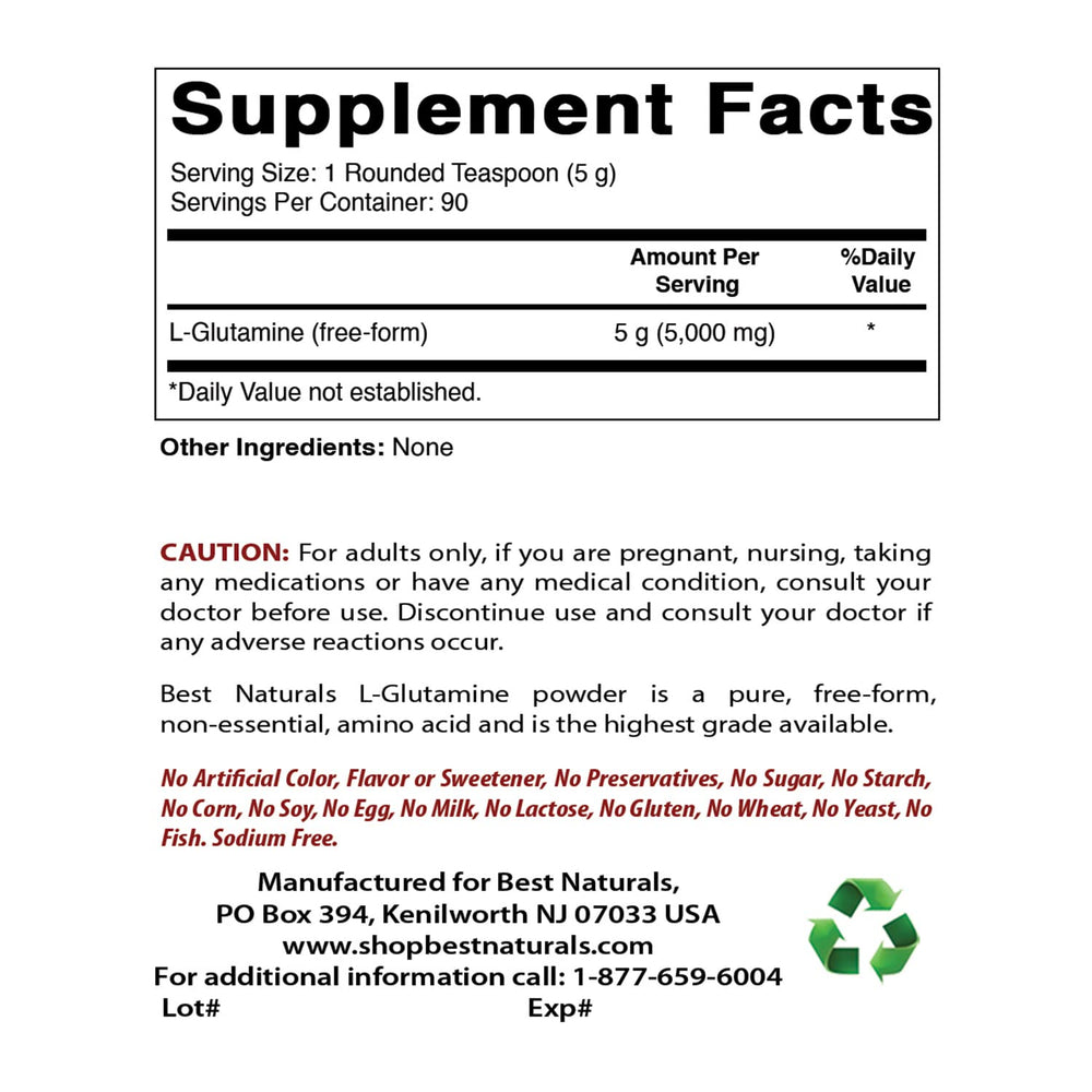 Best Naturals L-Glutamine Powder packaging showing two 1 lb bottles
