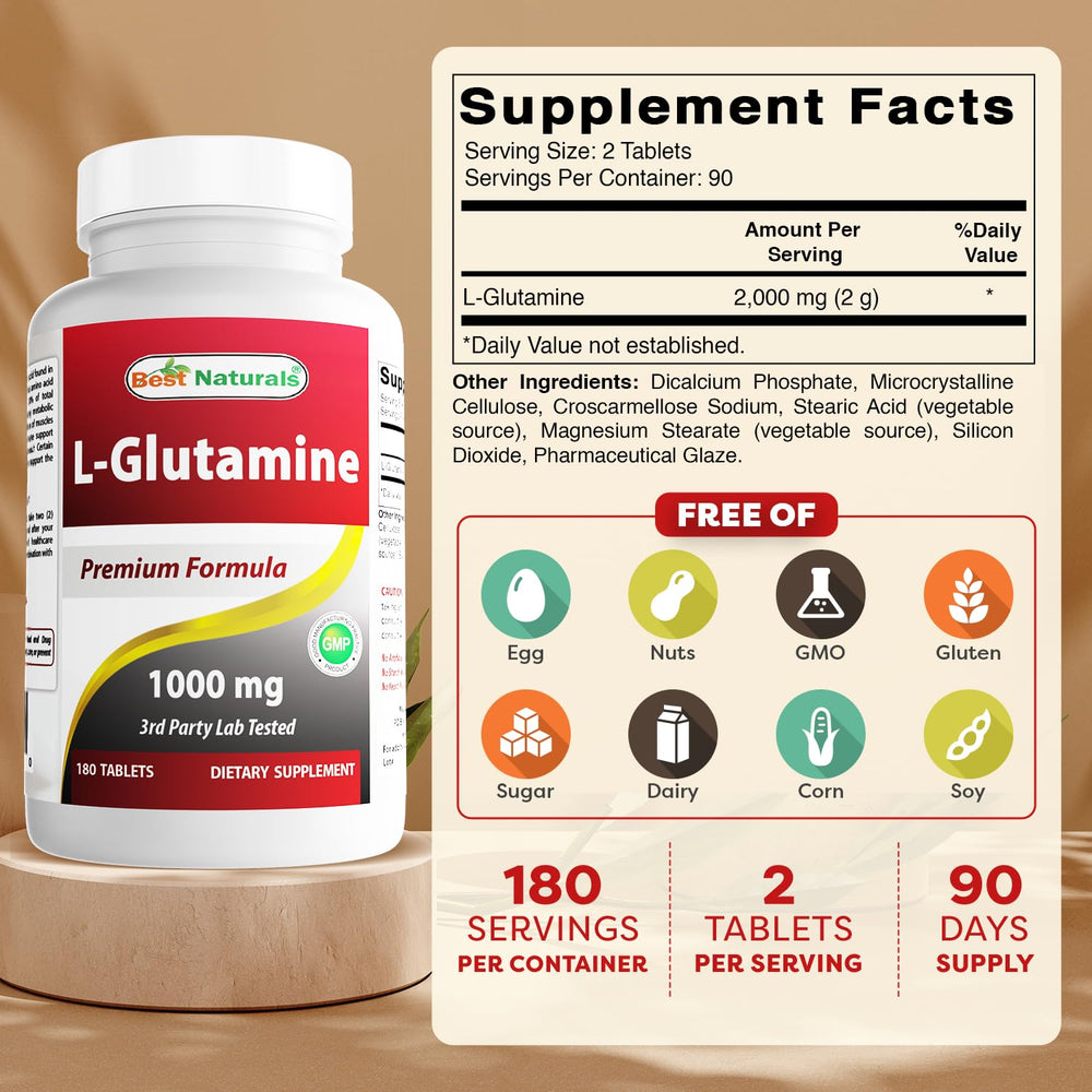 Best Naturals L-Glutamine tablets close-up showing 1000 mg dosage.
