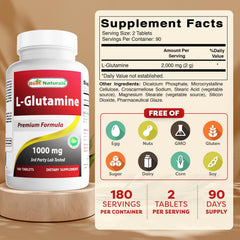 Best Naturals L-Glutamine tablets close-up showing 1000 mg dosage.