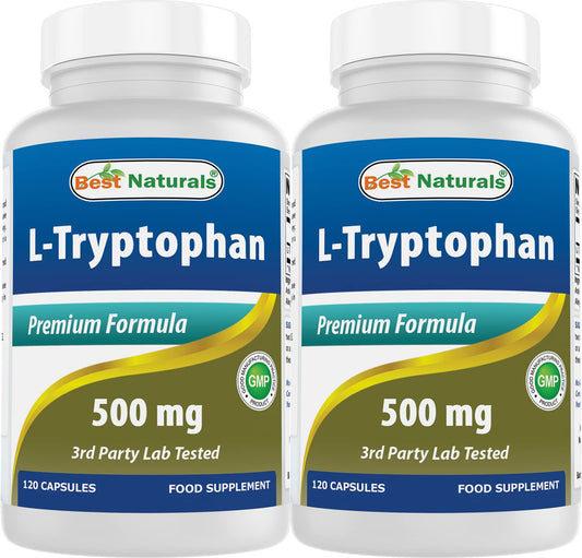 Best Naturals L-Tryptophan 500 mg bottle front supports daily wellness routines.